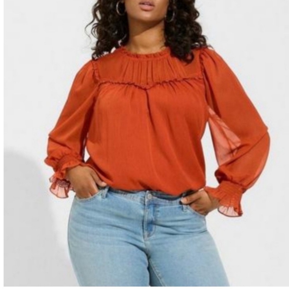 Torrid Burnt Orange Georgette Ruffle Smocked Yoke Blouse Top Womens Plus Size 1X